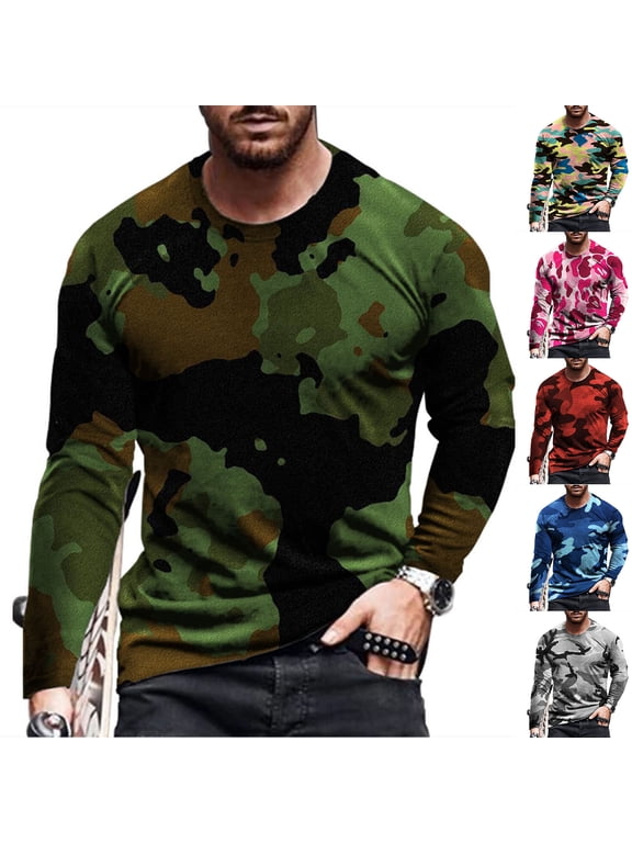 Long Sleeve Camo T-shirts for Men Lightweight Crewneck Pullover Casual Athletic Tee Tops Workout Gym Tees Blue L