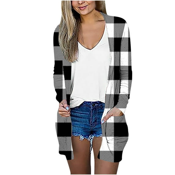 DDAPJ pyju Long Sleeve Cardigans with Pockets for Women,Open Front Shawl Collar Drape Cardigan Plaid Print Casual Kimono Tops Leightweight Comfy Holiday Coats Fall Fashion 2023