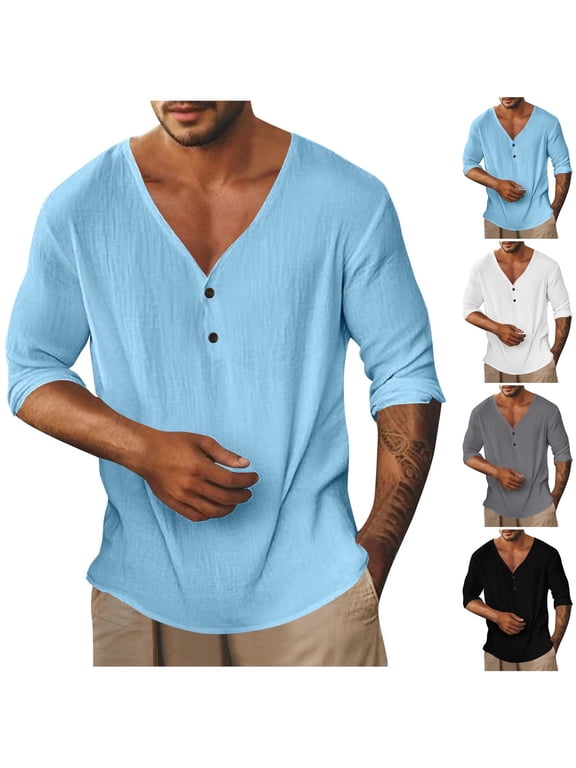 Long Sleeve Shirts for Men Deep V Neck Button T-shirt Big and Tall Casual Hippie Tees Loose Casual Beach Vacation Tops White L