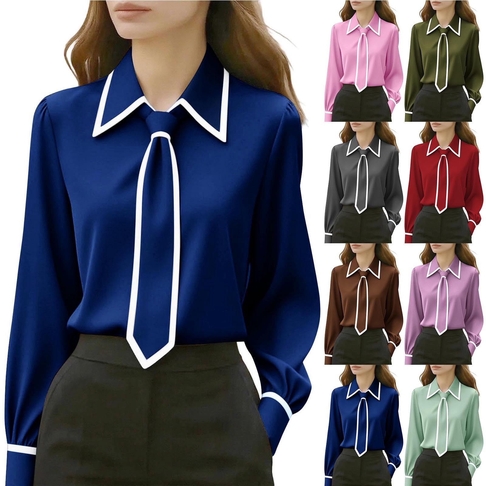 DDAPJ pyju Long Sleeve Shirts for Women Business Casual Tie Neck Tops ...