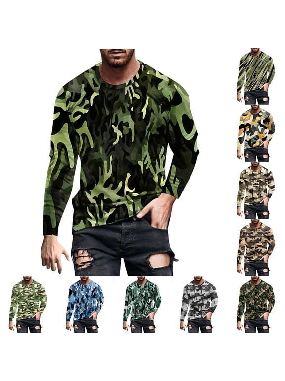 Long Sleeve T-Shirts for Men Camouflage Graphic Tees Big and Tall Camo T Shirts Lightweight Casual Hiking Shirt Workout Athletic Tee Tops Blue XXXXXL