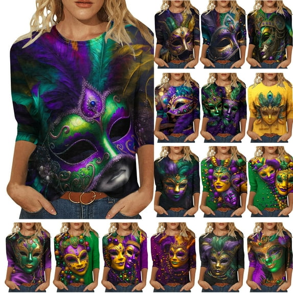DDAPJ pyju Mardi Gras 3/4 Length Sleeve Womens Tops Tuesday Shirt Plus Size Carnival Party Crewneck Shirts Loose Trendy Parade Blouses Multicolor XXL