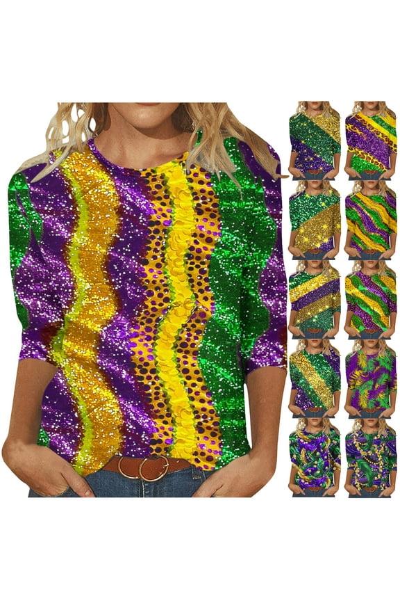 Mardi Gras 3/4 Sleeve Shirts for Womens Trendy Casual Round Neck Mask Graphic Tees Carnival Party Parade T-shirt Loose Fit Mid-length Pullover Holiday Blouse Multicolor M