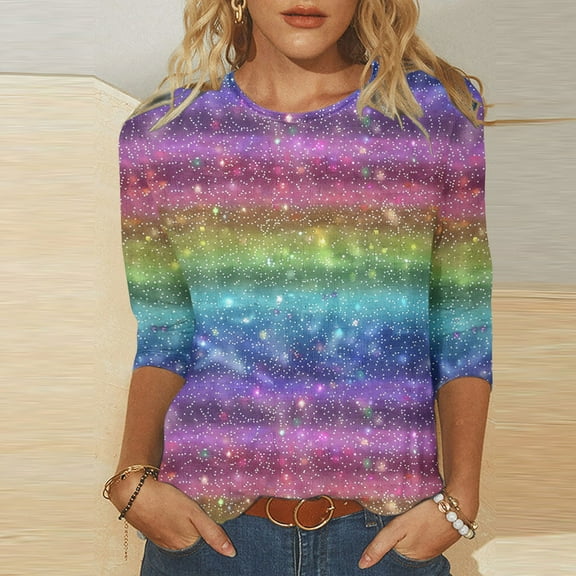 DDAPJ pyju Mardi Gras 3/4 Sleeve Shirts for Womens Trendy Casual Round Neck Mask Graphic Tees Carnival Party Parade T-shirt Loose Fit Mid-length Pullover Holiday Blouse Multicolor L