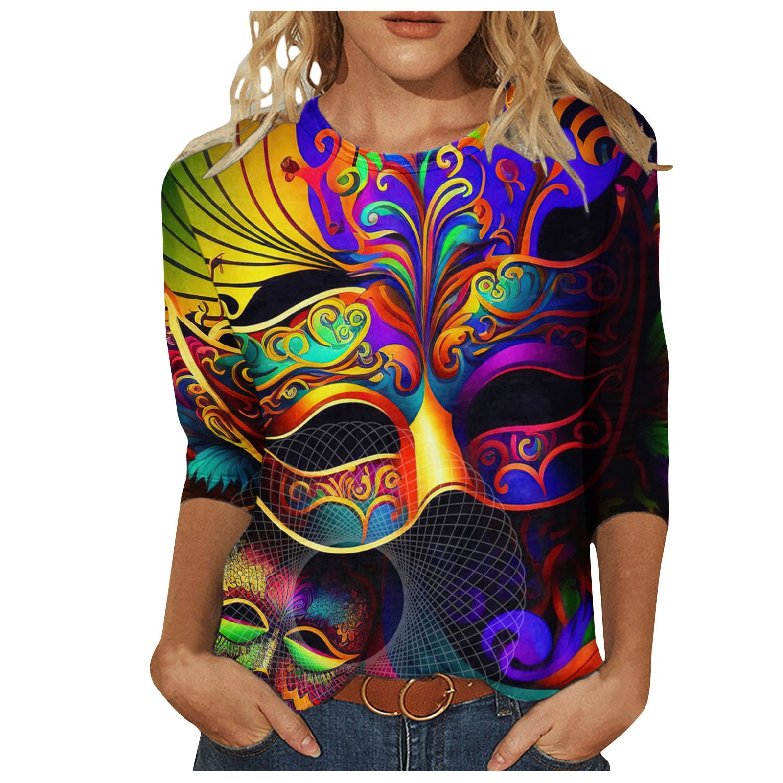 DDAPJ pyju Mardi Gras Blouses for Women 3/4 Sleeve Mask Graphic Tees