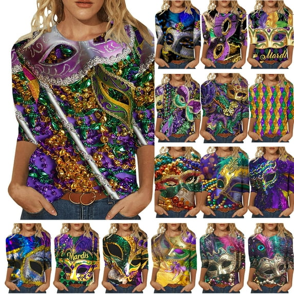 DDAPJ pyju Mardi Gras Funny Gifts 2024 Crewneck Parade Shirt Carnival Mask Graphic Print 3/4 Sleeve Tops Holiday T-Shirt Casual Loose Dressy Carnival Party Blouses Deals of Today Multicolor XXXXL