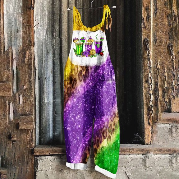 DDAPJ pyju Mardi Gras Jumpsuit for Women Carnival Themed Mask Print Casual Loose Adjustable Straps Wide Leg Rompers Holiday Parade Party Overalls Multicolor#5 L