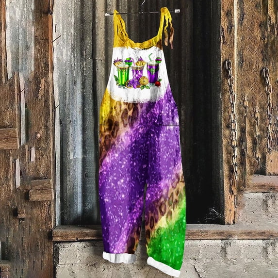 DDAPJ pyju Mardi Gras Jumpsuit for Women Carnival Themed Mask Print Casual Loose Adjustable Straps Wide Leg Rompers Holiday Parade Party Overalls Multicolor#5 L