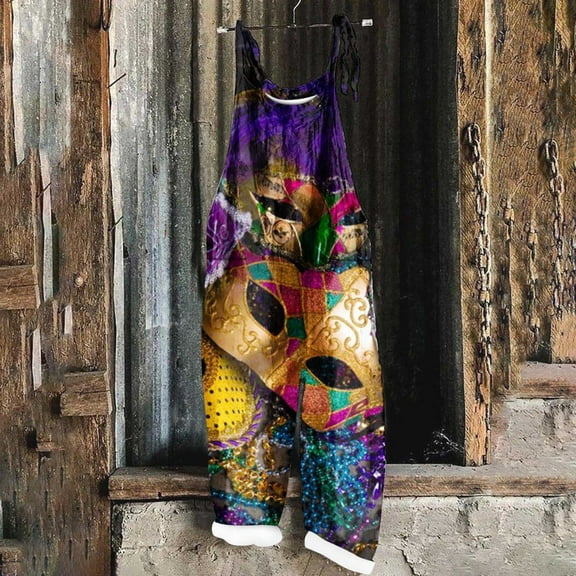 DDAPJ pyju Mardi Gras Jumpsuits for Women 2024 Carnival Themed Sequin Mask Print One Piece Rompers Casual Loose Spaghetti Straps Jumpsuit Parade Party Overalls with Pockets on Sale Purple XXL