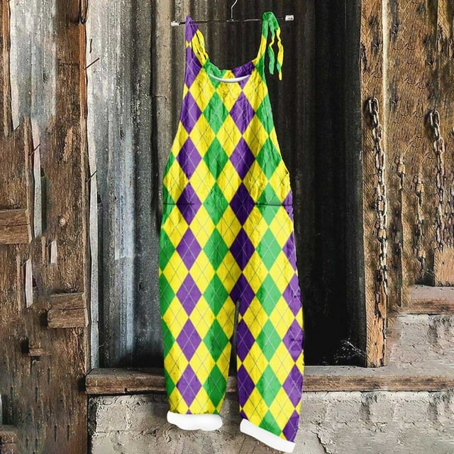 mardi gras color block overalls