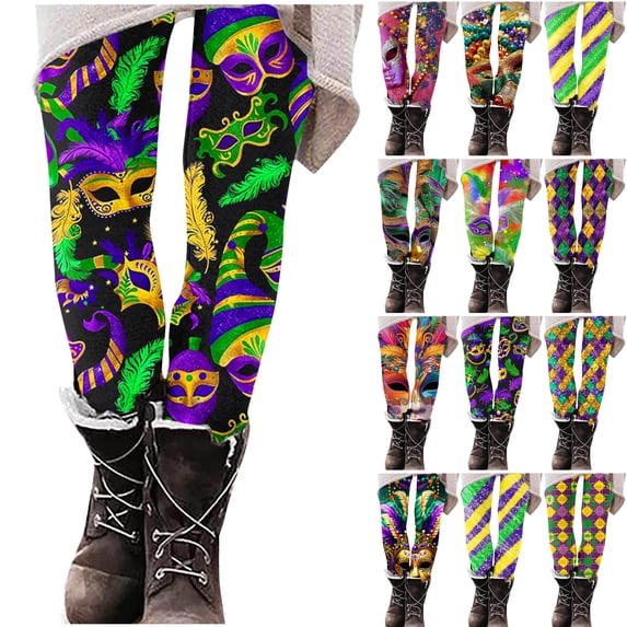 DDAPJ pyju Mardi Gras Outfit for Women, Mardi Gras Leggings Tuesday Carnival Mask Graphic Tights High Waisted Stretchy Casual Workout Yoga Pants Multicolor XL