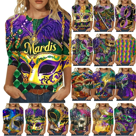 DDAPJ pyju Mardi Gras Shirt for Women Mask Graphic Tees Carnival Themed 3/4 Length Sleeve Tunic Tops Holiday Blouses Tee Loose Fit Crewneck Pullover 2025 Gifts Ideas Gold XL