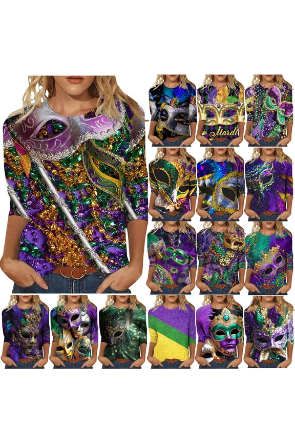 Mardi Gras Shirt for Women Mask Graphic Tees Carnival Themed 3/4 Length Sleeve Tunic Tops Holiday Blouses Tee Loose Fit Crewneck Pullover 2025 Gifts Ideas Gold M
