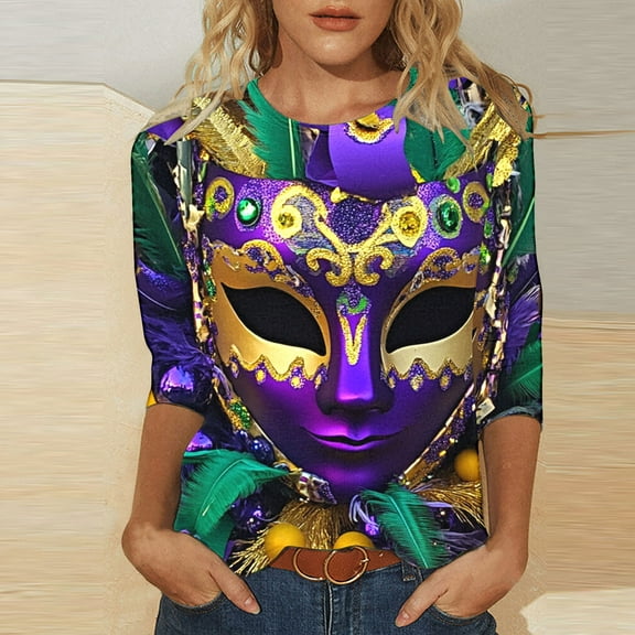 DDAPJ pyju Mardi Gras Shirt Womens Carnival Tshirts 3/4 Sleeve Crewneck Mask Graphic Tees New Orleans Parade Custume Tops Multicolor S