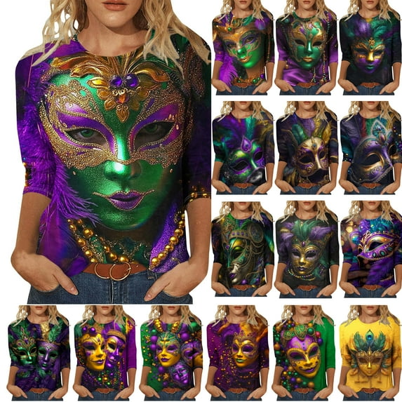 DDAPJ pyju Mardi Gras Shirts for Women 3/4 Length Sleeve Carnival Tops Dressy Casual Crew Neck Blouses Novelty Printed Parade T Shirt Multicolor XL