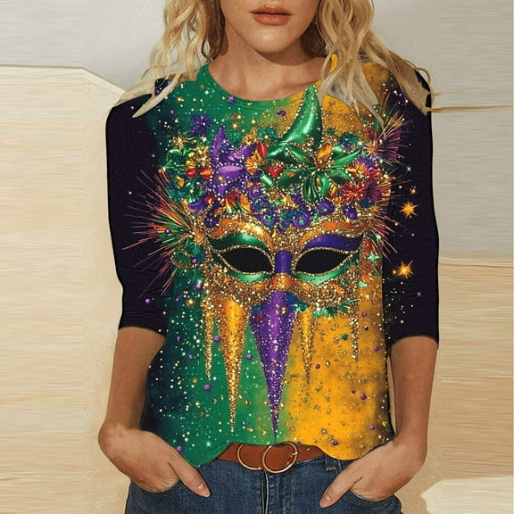 DDAPJ pyju Mardi Gras Shirts for Women 3/4 Length Sleeve Carnival Tops Dressy Casual Crew Neck Blouses Parade Party T Shirt Multicolor L