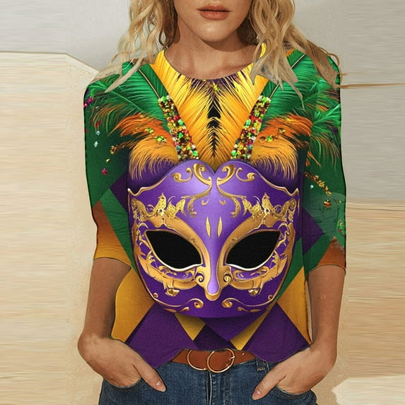 DDAPJ pyju Mardi Gras Shirts for Women 3/4 Length Sleeve Carnival Tops Dressy Casual Crew Neck Blouses Parade Party T Shirt Prime Sales Today Multicolor XXXL
