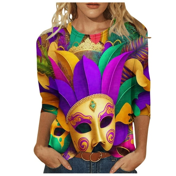 DDAPJ pyju Mardi Gras Shirts for Women 3/4 Sleeve Crewneck Mask Graphic Tees New Orleans Carnival Party Blouses Lightweight Going Out Tunic Tops Flash Deals Today Multicolor L