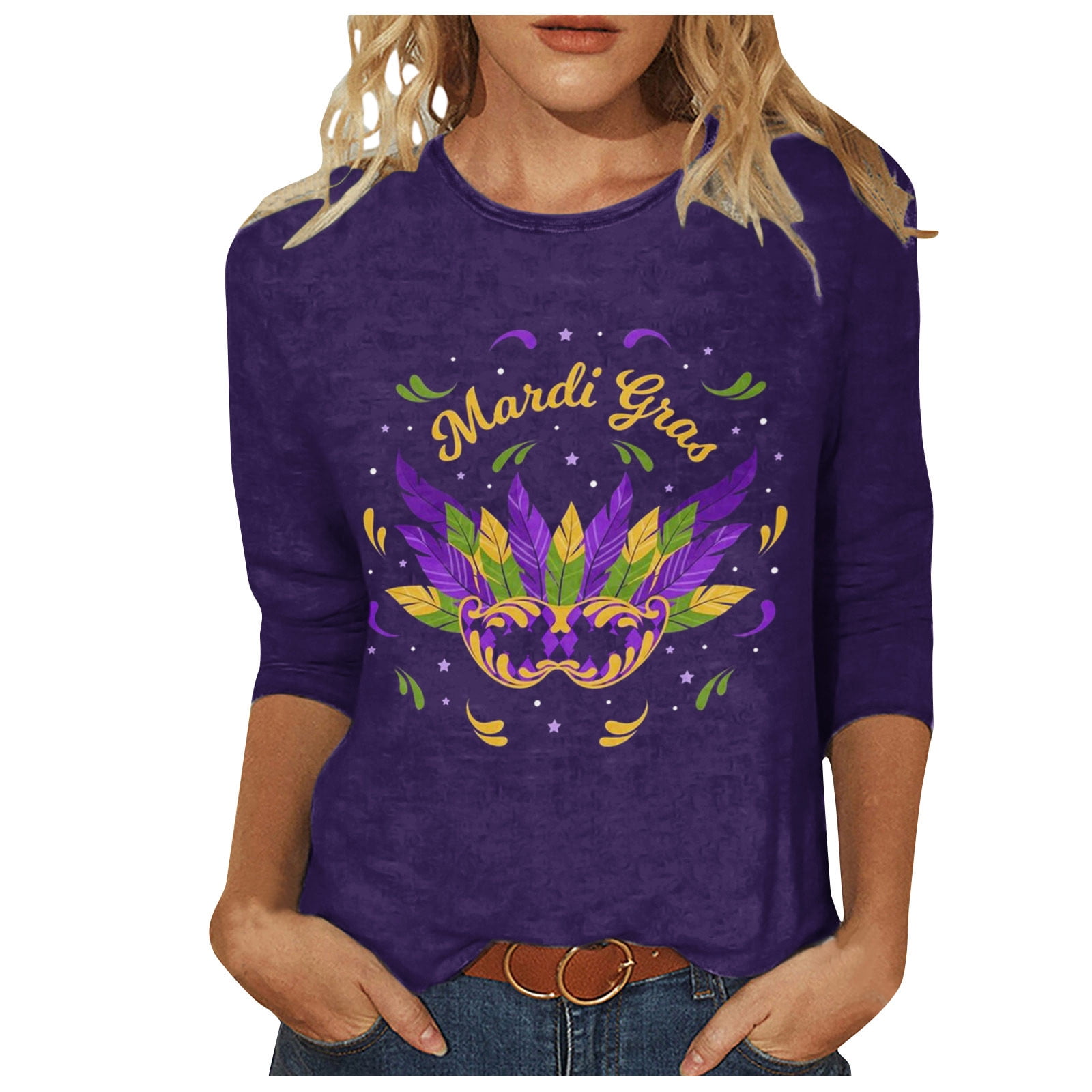DDAPJ pyju Mardi Gras Shirts for Women 3/4 Sleeve Crewneck Mask Graphic ...