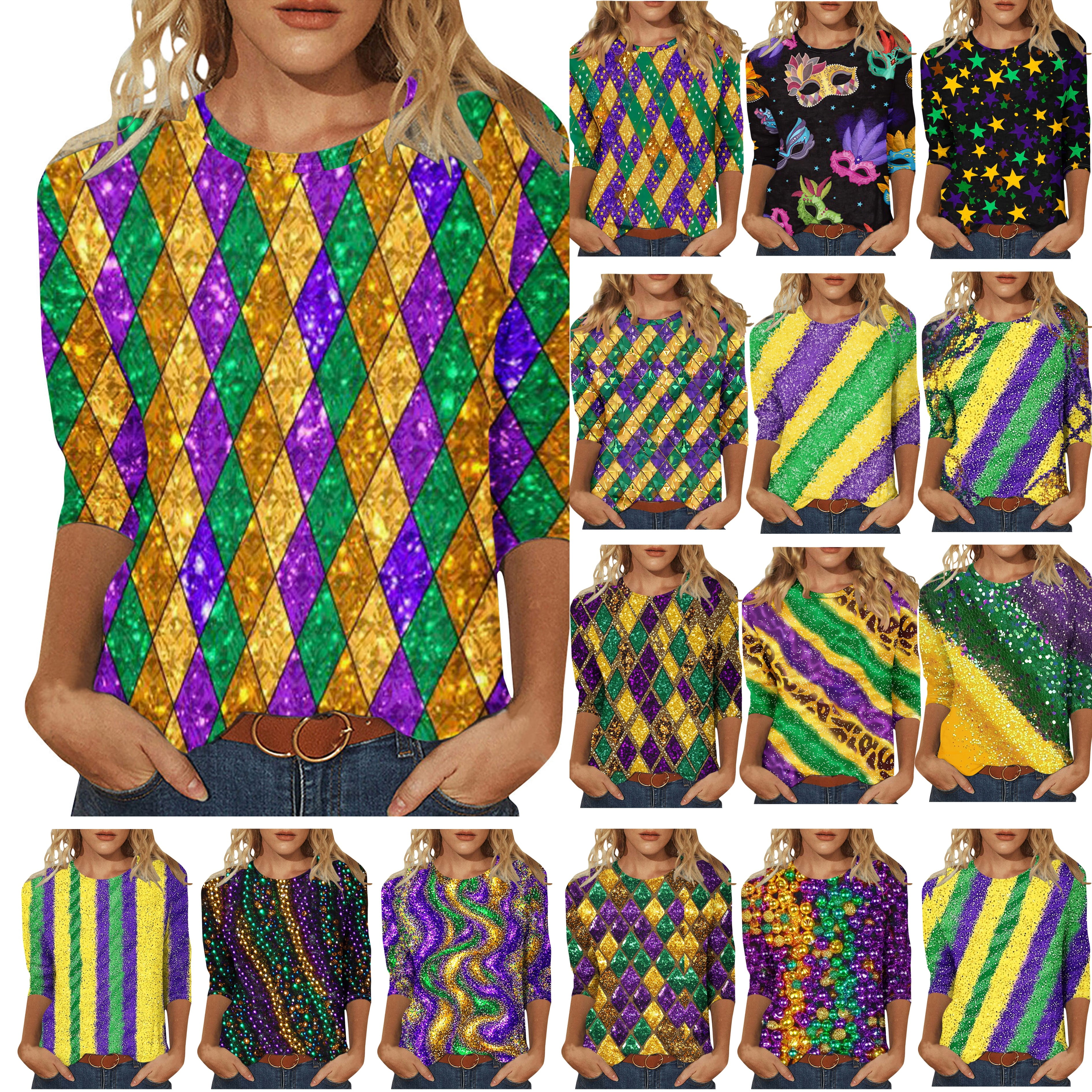DDAPJ pyju Mardi Gras Shirts for Women 3/4 Sleeve Mask Graphic Blouse ...