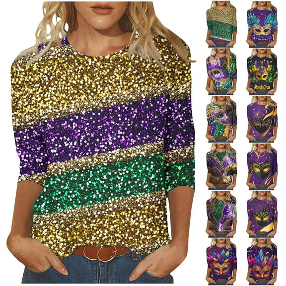 DDAPJ pyju Mardi Gras Shirts for Women 3/4 Sleeve Mask Graphic Tees Loose Casual Round Neck Tunic Tops New Orleans Carnival Party Tee Shirt Holiday Blouses Multicolor XXXXL