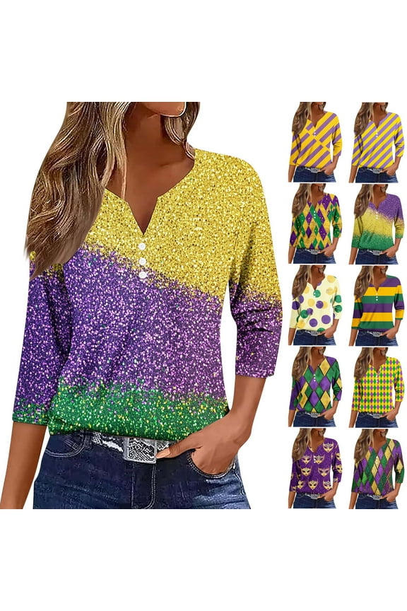 Mardi Gras Shirts for Women 3/4 Sleeve Tunic Tops Henley V Neck Pullover Blouse Carnival Party Shirt Multicolor S