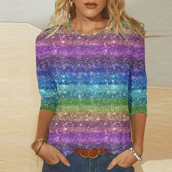 DDAPJ pyju Mardi Gras Shirts for Women Bling Glitter Carnival Outfits 3/4 Sleeve Sequin Printed Tops Mask Graphic Tees Tuesday Parade Blouses Multicolor L