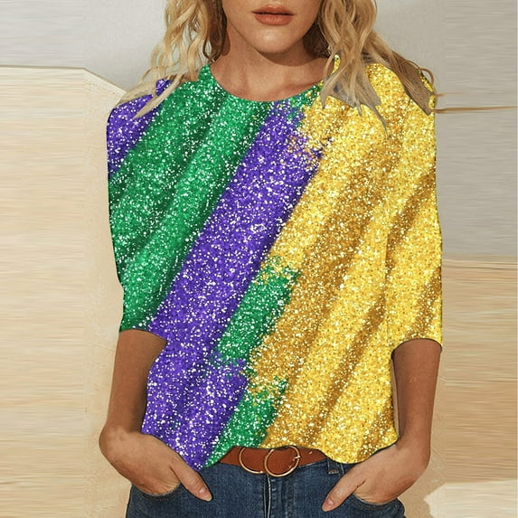 DDAPJ pyju Mardi Gras Shirts for Women Carnival Outfit Mask Graphic Tee Plus Size Tunic 3/4 Sleeve Parade Blouse Ladies Gifts Multicolor S