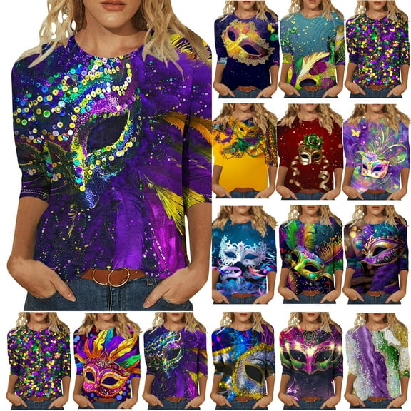 DDAPJ pyju Mardi Gras Shirts for Women Crew Neck Carnival Parade Party Blouse 3/4 Length Sleeve Womens Tops Dressy Casual T-Shirt Mask Graphic Tees Prime Multicolor XL