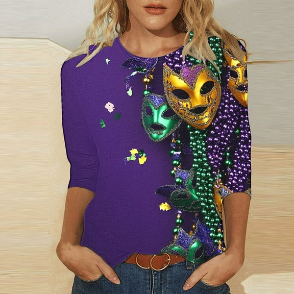 DDAPJ pyju Mardi Gras Shirts for Women Carnival Party Tunic Blouses 3/4 Sleeve 3D Print Casual Fashion Tee Tops Multicolor M