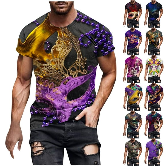 DDAPJ pyju Mardi Gras T-shirt for Men Glitter Mask Graphic Tees Tuesday Carnival New Orleans Party Tee Tops Funny Holiday Celebration Parade Tshirts X-Blue L