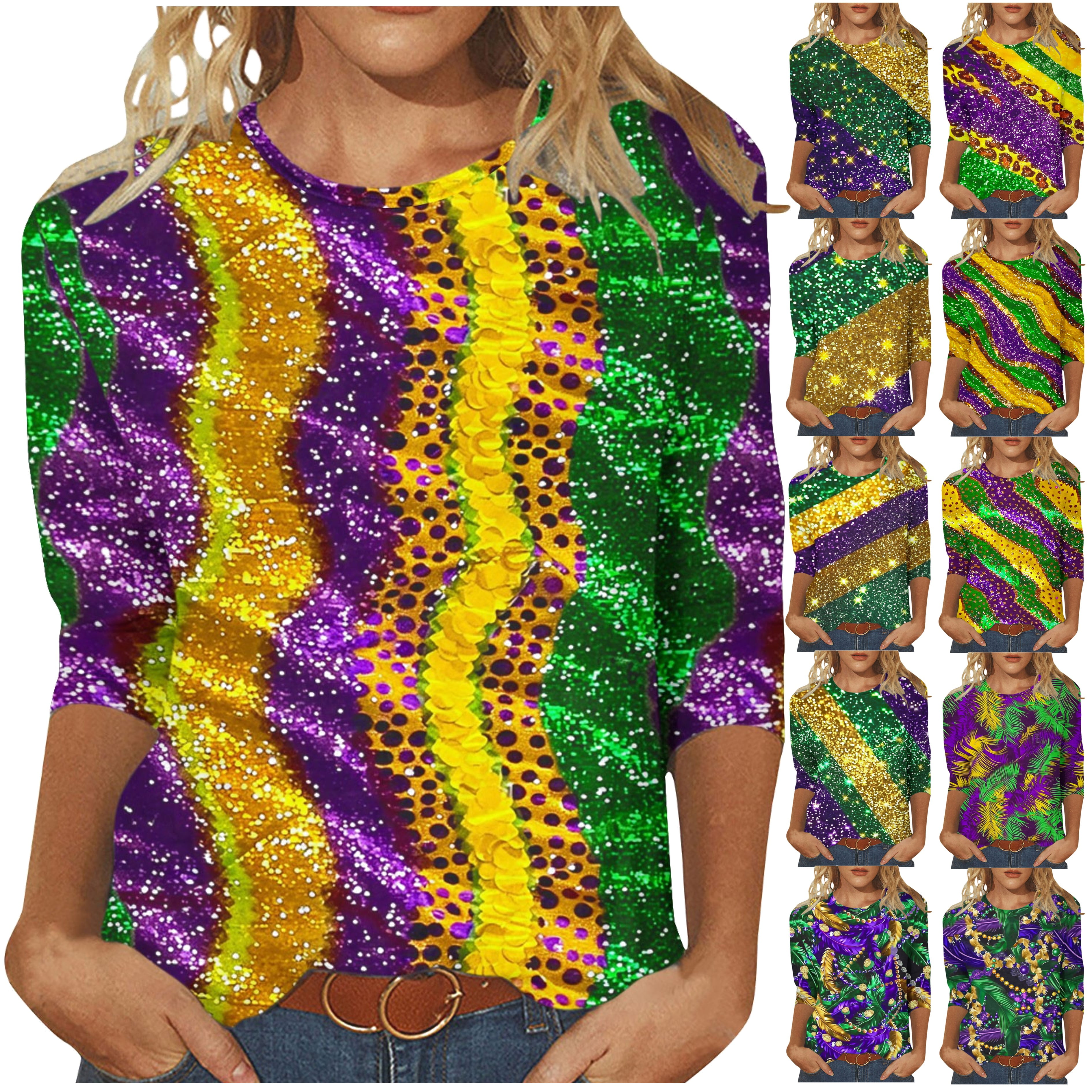 DDAPJ pyju Mardi Gras Tops for Women Carnival 3/4 Sleeve Shirts Loose ...