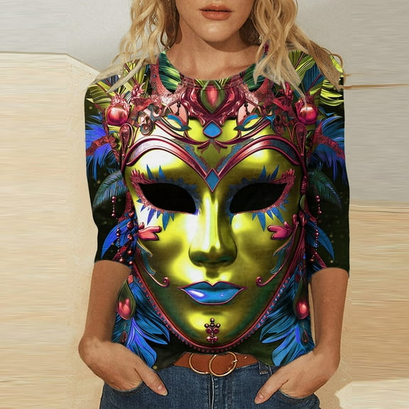DDAPJ pyju Mask Graphic Tees for Women Mardi Gras 3/4 Sleeve Shirts Novelty 3D Printed Party Blouses Tuesday Carnival Themed T-shirt Loose Fit Round Neck Tee Tops Multicolor M