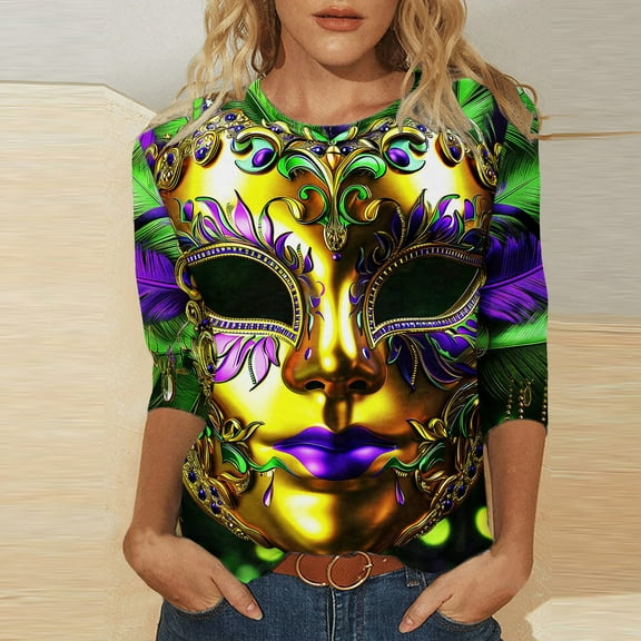DDAPJ pyju Mask Graphic Tees for Women Mardi Gras 3/4 Sleeve Shirts Novelty 3D Printed Party Blouses Tuesday Carnival Themed T-shirt Loose Fit Round Neck Tee Tops Multicolor L