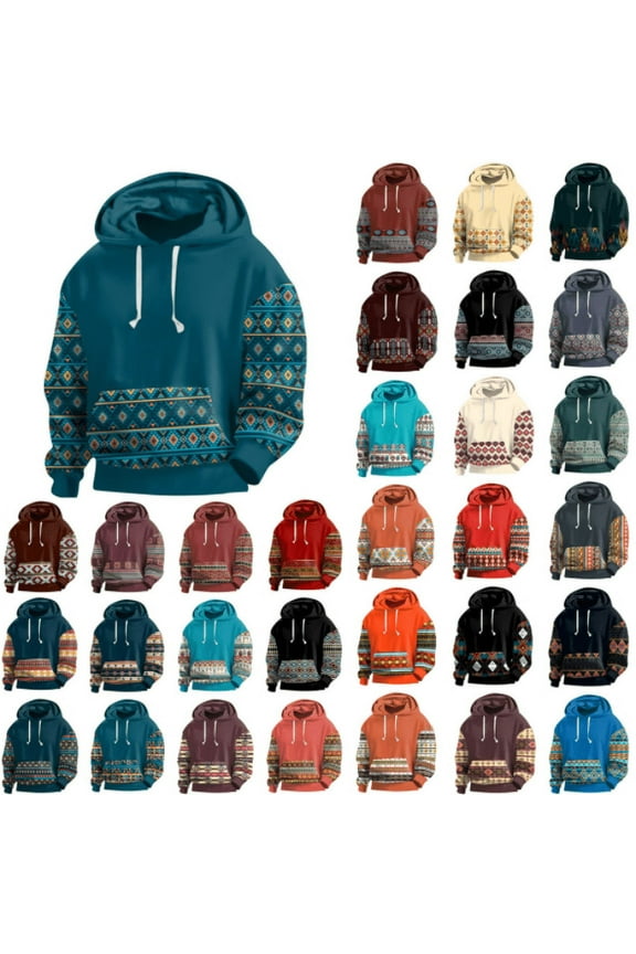 Men Aztec Tribal Pullover Hoodie Western Ethnic Graphic Hooded Sweatshirts Long Sleeve Drawstring Patchwork Pullover Tops Birthday Gifts Purple M