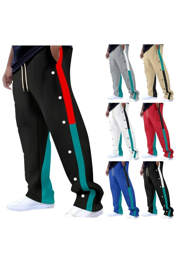 Men Fashion Athletic Pants Color Block Side Snap Drawstring Elastic Waist Wide Leg Trousers Basketball Training Pants with Pockets Red M