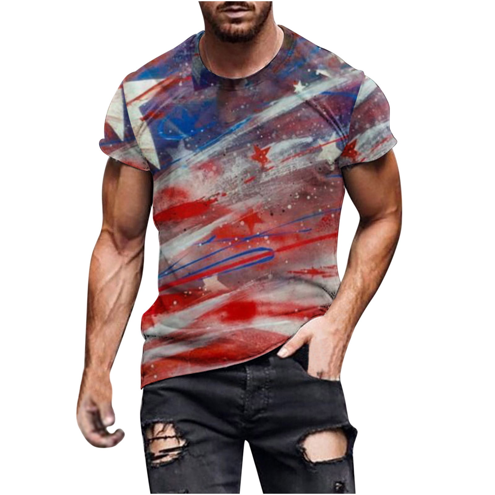 DDAPJ pyju Men Patriotic Short Sleeve T Shirts Stars Stripes Patchwork  Print Shirts Summer Casual Slim Fit Athletic Muscle Tops 