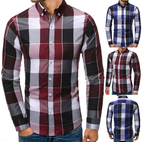 DDAPJ pyju Men Plaid Cotton Shirt Slim Fit Long Sleeve Button Down Dress Shirts Casual Business Shirt Lightweight Gingham Shirts on Sale Blue M