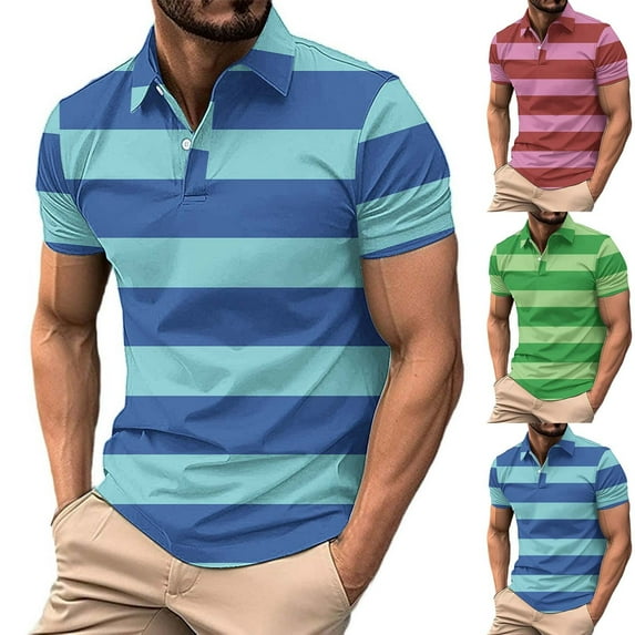 DDAPJ pyju Men Striped Polos Shirt Color Block Casual Golf Shirts Trendy Business Office Tops Short Sleeve Collared Tshirt Blue L