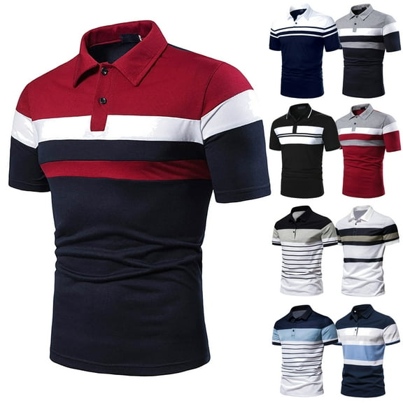 DDAPJ pyju Men Stripes Colorblock Patchwork Polos Shirts Stand Up Collar Slim Fit Short Sleeve Shirt Lightweight Stretch Sports Shirt