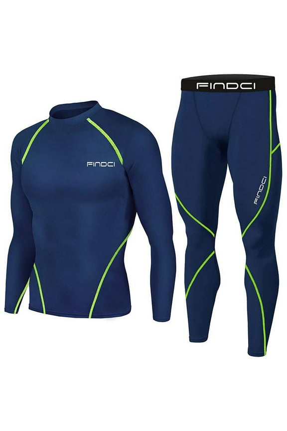 Men Workout 2 Piece Set Compression Shirt Pants Long Sleeve Sports Suits Quick Dry Moisture-Wicking Tight Base Layer for Jogging Gym Basketball Blue S