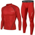 thumbnail image 1 of DDAPJ pyju Men Workout 2 Piece Set Compression Shirt Pants Long Sleeve Sports Suits Quick Dry Moisture-Wicking Tight Base Layer for Jogging Gym Basketball Red L, 1 of 7