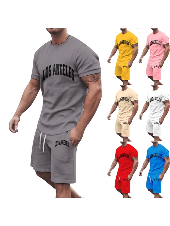 Men's 2 Piece Outfits Los Angeles Letter Graphic Short Sleeve Crewneck T-Shirt and Drawstring Shorts Set Summer Casual Tracksuits with Pockets Khaki XXL