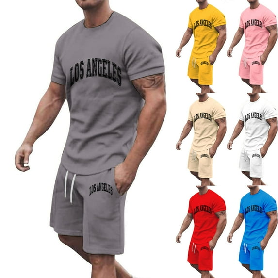 DDAPJ pyju Men's 2 Piece Outfits Los Angeles Letter Graphic Short Sleeve Crewneck T-Shirt and Drawstring Shorts Set Summer Casual Tracksuits with Pockets Pink XXL