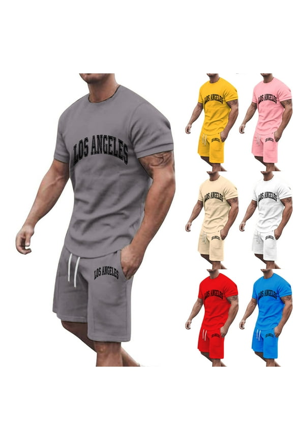 Men's 2 Piece Outfits Los Angeles Letter Graphic Short Sleeve Crewneck T-Shirt and Drawstring Shorts Set Summer Casual Tracksuits with Pockets Sales Today Clearance Red XXXL