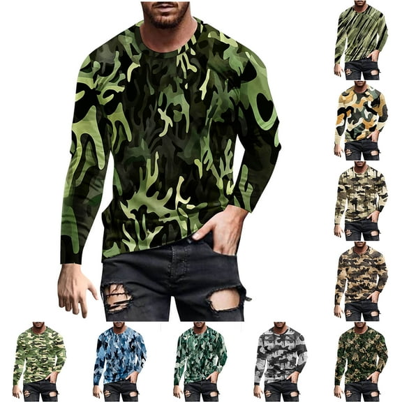 DDAPJ pyju Men's 2025 Fashion T Shirts Camo Printed Casual Workout Shirts Lightweight Crewneck Long Sleeve Military Hunting Tees Yellow Green L