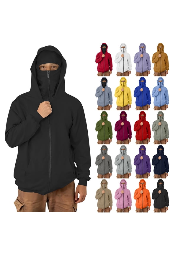 Men's Balaclava Double Hoodie Sweatshirt Full-Zip with Built-In Eye Mask Wind Resistant Hooded Coat Y2k Fall Fashion Streetwear for Cold Weather Gray M