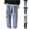 thumbnail image 1 of DDAPJ pyju Men's Big and Tall Cargo Jeans Elastic Waist Drawstring Straight Wide Leg Pants Vintage Casual Denim Pants Hip Hop Streetwear Black 5XL, 1 of 4