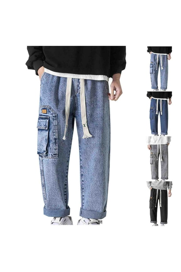 Men's Big and Tall Cargo Jeans Elastic Waist Drawstring Straight Wide Leg Pants Vintage Casual Denim Pants Hip Hop Streetwear Birthday Gifts Gray L