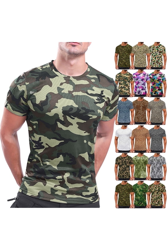 Men's Camo Hunting Shirt Short Sleeve UPF 50+ Sun Protection Shirts Lightweight Performance Moisture Wicking Casual Athletic Tees Outdoor Activewear Tops Clearance Sale Khaki M
